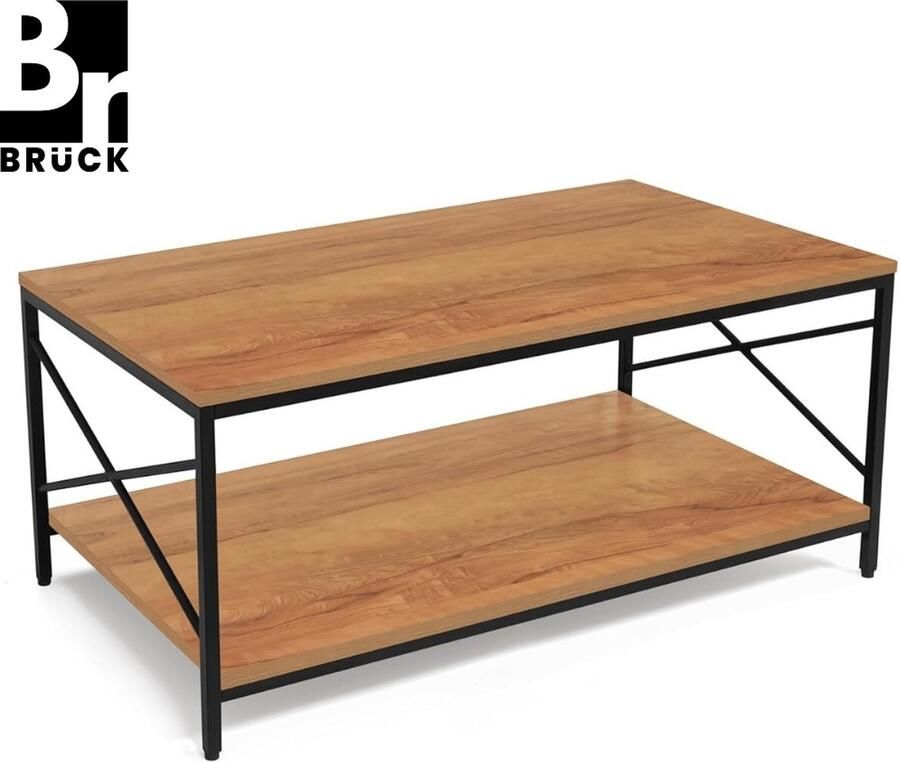 Bruck Brück Salontafel met Gefineerd Houten Blad 2 Niveau's Stevig Gepoedercoat Metalen Frame Salontafels met Opbergruimte