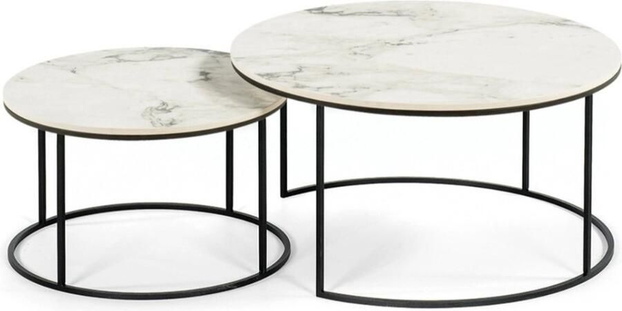 Bruck Brück Set van 2 Ronde Salontafels Salontafel Rond Ø70cm en Ø60cm Gecoat Frame Marmerlook Wit