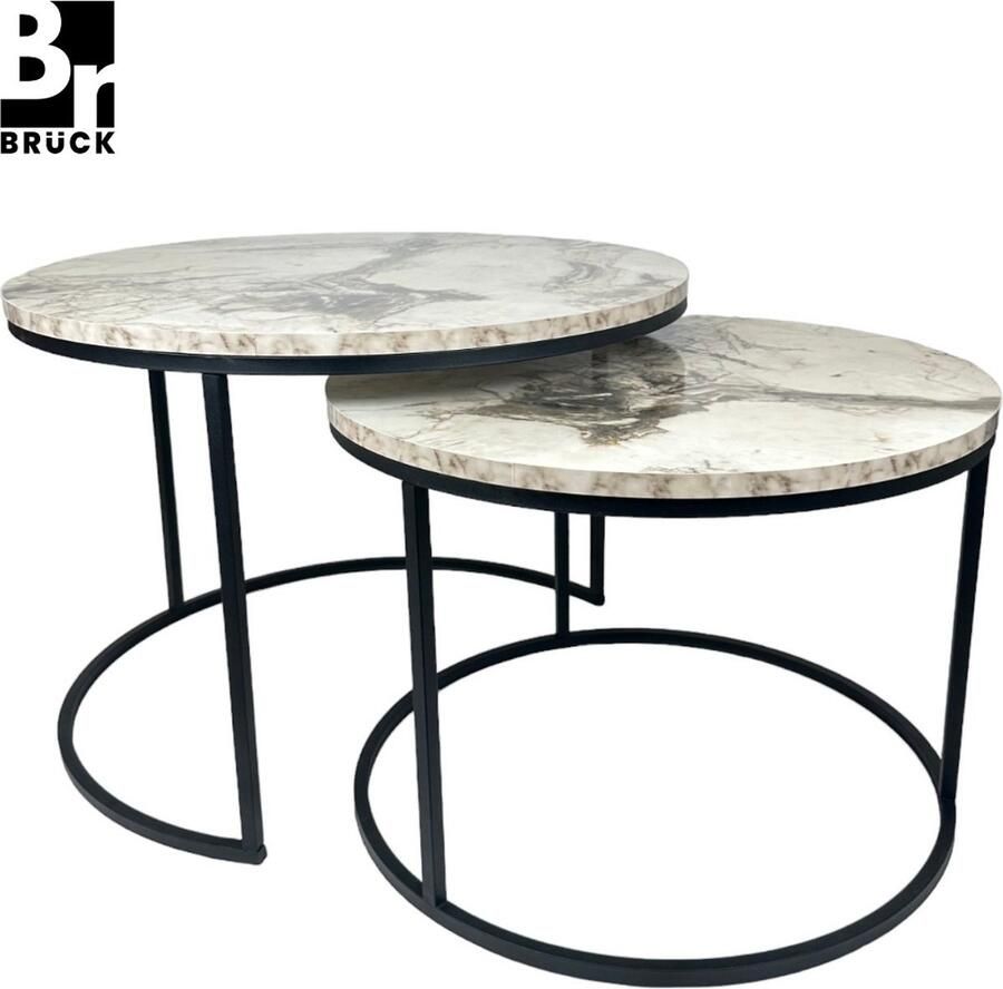Bruck Brück Set van 2 Ronde Salontafels Salontafel Rond Ø70cm en Ø60cm Gecoat Frame Marmerlook Wit - Foto 2