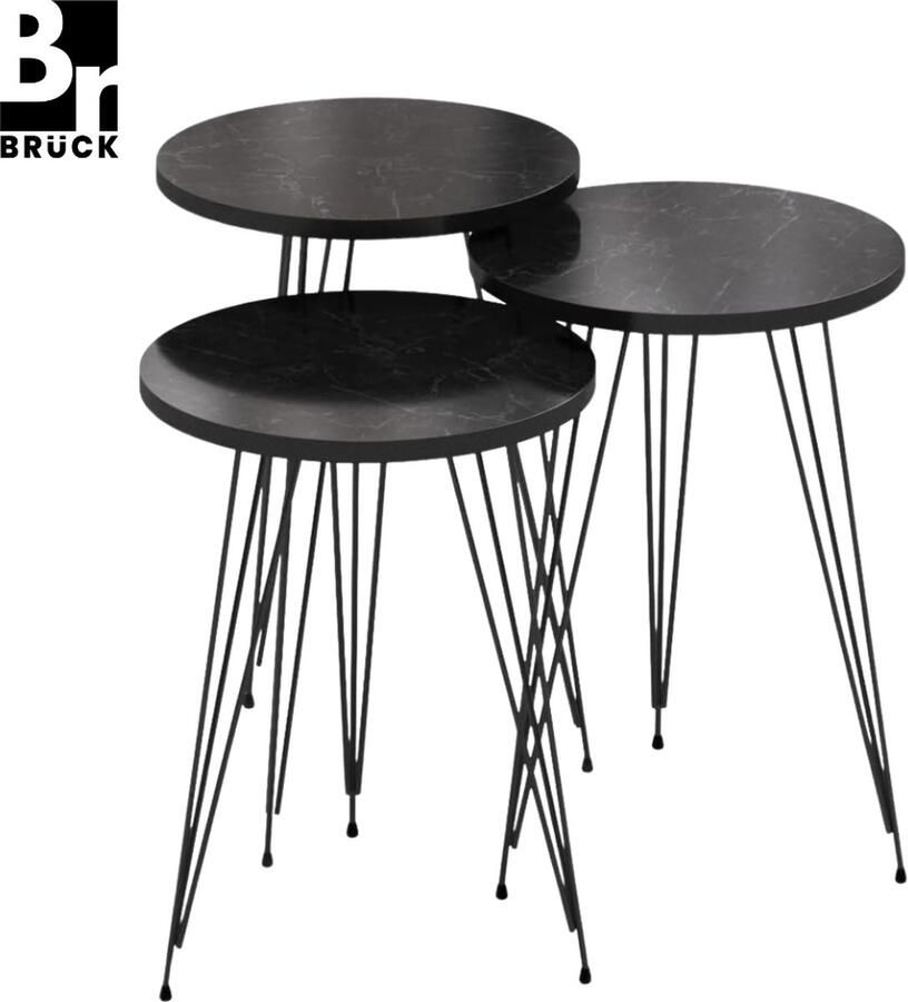 Bruck Brück Set van 3 Bijzettafels Marmerlook Bijzettafel Rond in 3 Hoogtes Ø34cm Zwart