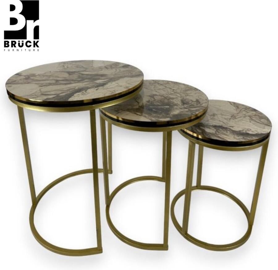 Bruck Brück Set van 3 Ronde Bijzettafels 3 Hoogtes en 3 Diameters Bijzettafel Marmerlook Wit Blad Goudkleurig Onderstel