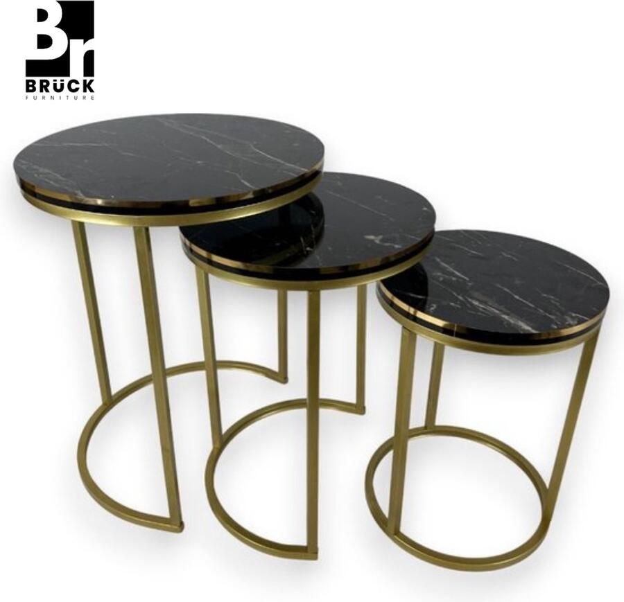 Bruck Brück Set van 3 Ronde Bijzettafels 3 Hoogtes en 3 Diameters Bijzettafel Marmerlook Zwart Blad Goudkleurig Onderstel