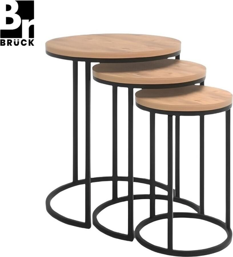 Bruck Brück Set van 3 Ronde Bijzettafels 3 Hoogtes en 3 Diameters Gepoedercoat Metalen Onderstel Bijzettafel Bruin Hout