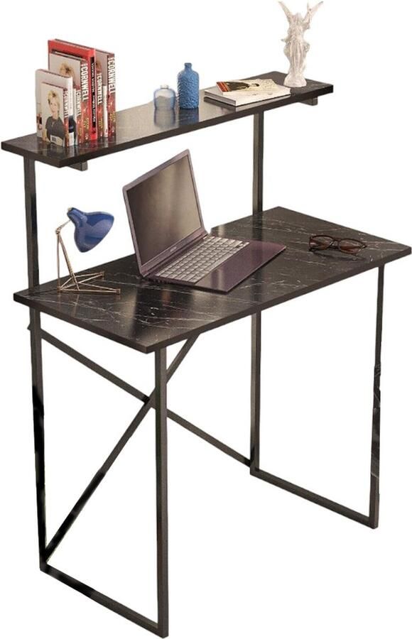 Bruck Brück Stevig Bureau met 2 Niveaus Gepoedercoat Metalen Frame Marmerlook Zwart