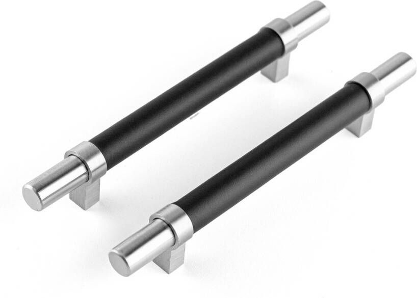 Brute Strength – Leren handgrepen 128 mm hartafstand 12 stuks – zwart & zilver leer & RVS meubelgrepen deurgreep keuken handgrepen kast – ladekast – handgreep deurtjes handvaten kast 192 mm totale lengte