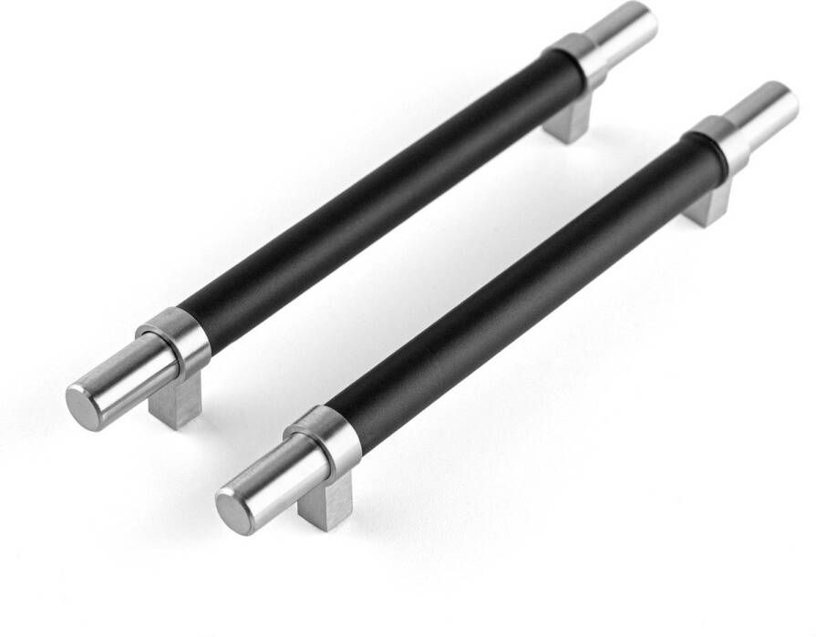 Brute Strength – Leren handgrepen – 160 mm hartafstand 12 stuks – zwart & zilver leer & RVS meubelgrepen deurgreep keuken handgrepen kast – ladekast – handgreep deurtjes handvaten kast 200 mm totale lengte