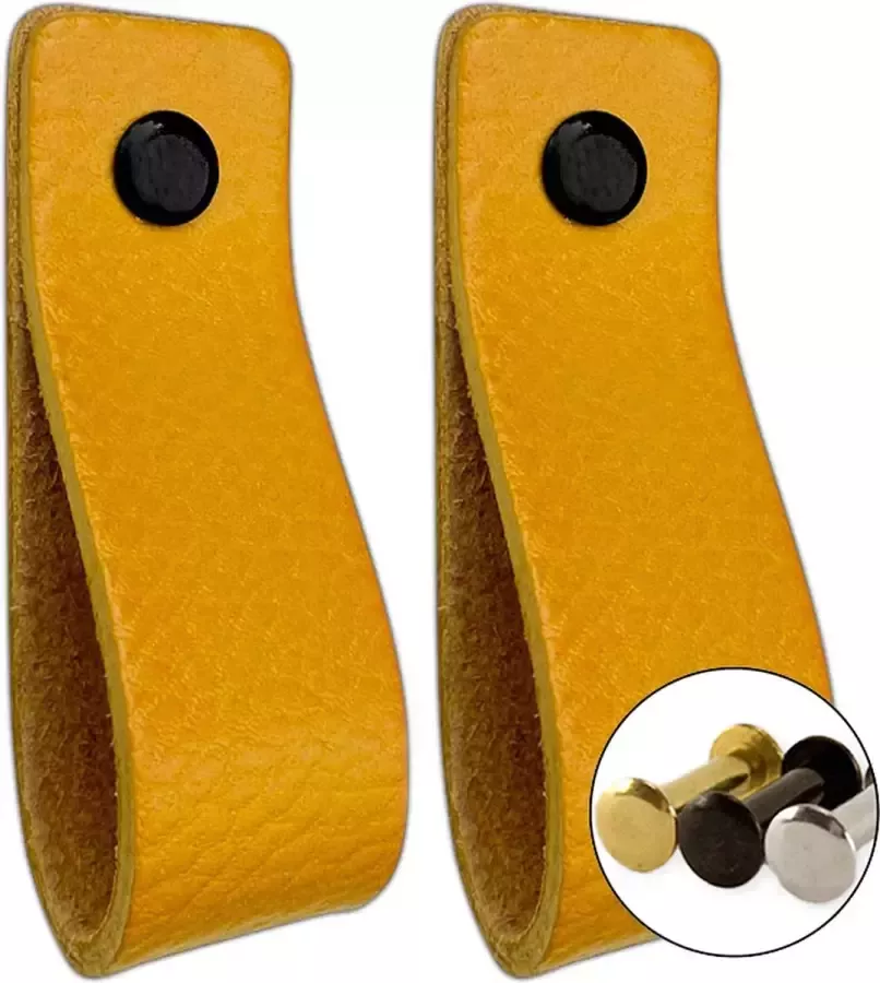 Brute Strength Leren handgrepen Okergeel 2 stuks 16 5 x 2 5 cm incl. 3 kleuren schroeven voor de leren handgreep Gele handgrepen leer Leren meubelgreep Leren handvaten kast Leren lus Handgreep kast leer Leren greepjes Handvat leer