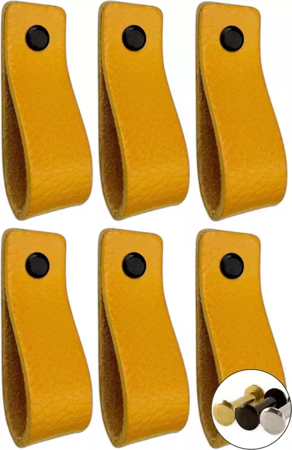Brute Strength Leren handgrepen Okergeel 24 stuks 16 5 x 2 5 cm incl. 3 kleuren schroeven Gele handgrepen leer Leren meubelgreep Leren handvaten kast Leren lus Handgreep leer Leren greepjes Handvat leer Leren deurgreep Leren handgreep