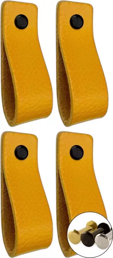 Brute Strength Leren handgrepen Okergeel- 4 stuks 16 5 x 2 5 cm incl. 3 kleuren schroeven voor de leren handgreep Gele handgrepen leer Leren meubelgreep Leren handvaten kast Leren lus Handgreep kast leer Leren greepjes Handvat leer
