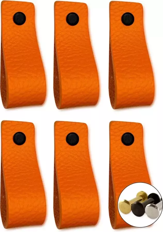 Brute Strength Leren handgrepen Oranje 6 stuks 16 5 x 2 5 cm incl. 3 kleuren schroeven per leren handgreep
