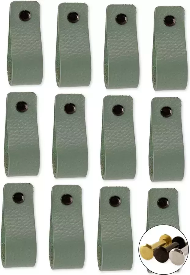 Brute Strength Leren handgrepen Vaalgroen 12 stuks 16 5 x 2 5 cm incl. 3 kleuren schroeven voor de leren handgreep Handgrepen leer Leren meubelgreep Leren handvaten kast Leren lus Handgreep kast leer Leren greepjes Handvat leer