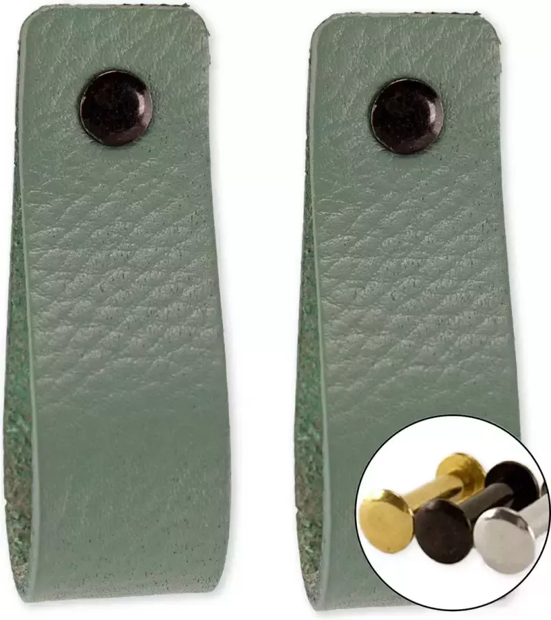 Brute Strength Leren handgrepen Vaalgroen 2 stuks 16 5 x 2 5 cm incl. 3 kleuren schroeven voor de leren handgreep Handgrepen leer Leren meubelgreep Leren handvaten kast Leren lus Handgreep kast leer Leren greepjes Handvat leer