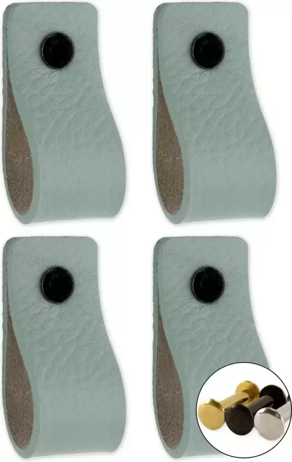 Brute Strength Leren handgrepen Vaalgroen 4 stuks 12 5 x 2 5 cm incl. 3 kleuren schroeven Handgrepen leer Leren meubelgreep Leren handvaten kast Leren lus Handgreep kast leer Leren greepjes Handvat leer Leren deurgreep Leren handgreep