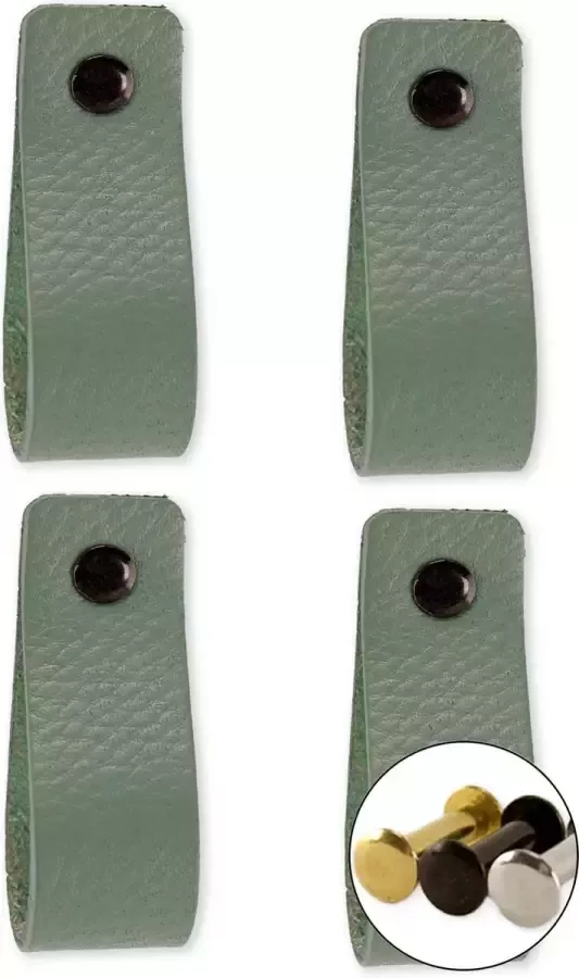 Brute Strength Leren handgrepen Vaalgroen 4 stuks 16 5 x 2 5 cm incl. 3 kleuren schroeven voor de leren handgreep Handgrepen leer Leren meubelgreep Leren handvaten kast Leren lus Handgreep kast leer Leren greepjes Handvat leer