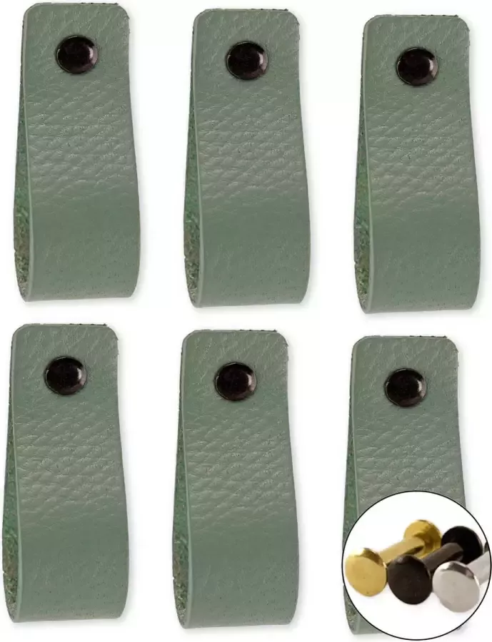 Brute Strength Leren handgrepen Vaalgroen 6 stuks 16 5 x 2 5 cm incl. 3 kleuren schroeven voor de leren handgreep Handgrepen leer Leren meubelgreep Leren handvaten kast Leren lus Handgreep kast leer Leren greepjes Handvat leer