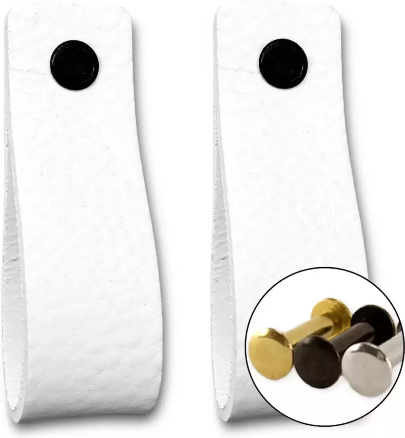 Brute Strength Leren handgrepen Wit 2 stuks 16 5 x 2 5 cm incl. 3 kleuren schroeven Witte Handgrepen leer Leren meubelgreep Leren handvaten kast Leren lus Handgreep kast leer Leren greepjes Handvat leer Leren deurgreep Leren handgreep