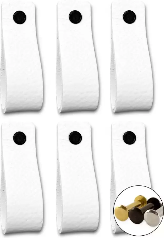 Brute Strength Leren handgrepen Wit 6 stuks 16 5 x 2 5 cm incl. 3 kleuren schroeven Witte Handgrepen leer Leren meubelgreep Leren handvaten kast Leren lus Handgreep kast leer Leren greepjes Handvat leer Leren deurgreep Leren handgreep