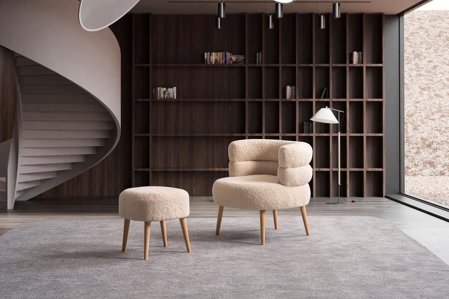 BSS Bedding BSS Barel Moderne Zitset Fauteils Fauteuil 2 Scandinavisch Design Poef Luxe Loveseats Armchairs voor Woonkamer of Balkon Beige - Foto 2