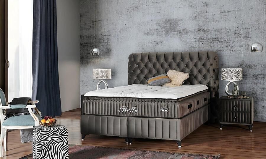 BSS Bedding Fluffy Boxspring Bed Boxspring Set Bed Set met Matras Complete Boxspring Slaapkamerbed 1 x Matras met Topper 2 x Bedbox 1 x Hoofdbord Grijs 160x200 - Foto 2