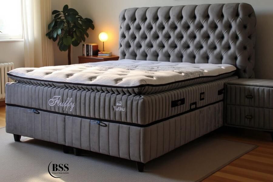 BSS Bedding Fluffy Boxspring Bed Boxspring Set Complete Boxspring Bed Set met Matras Complete Boxspring Slaapkamerbed 1 x Matras met Topper 2 x Bedbox 1 x Hoofdbord Grijs 180x200 - Foto 3