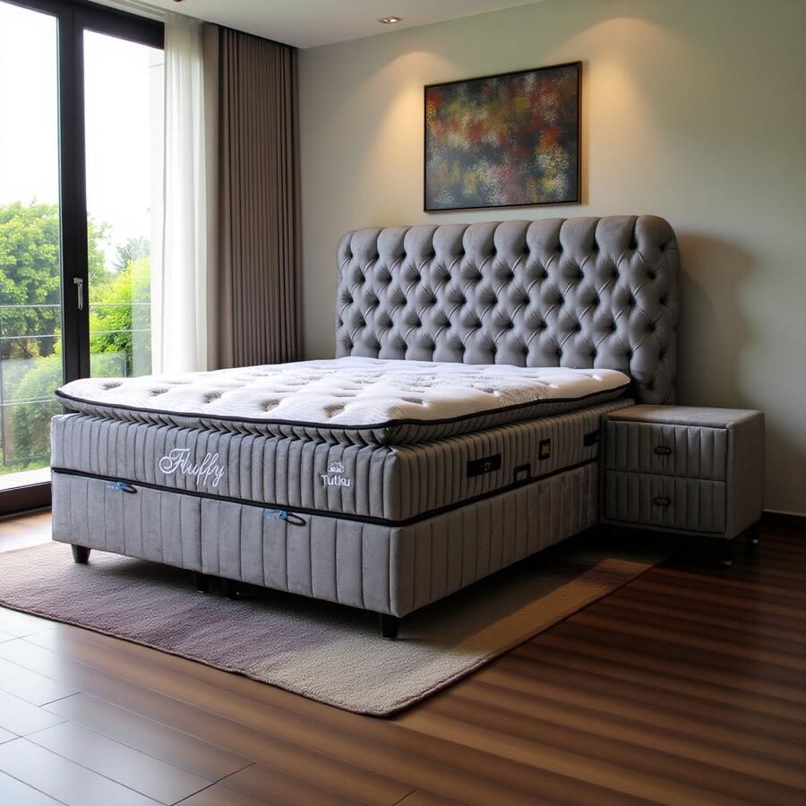 BSS Bedding Fluffy Boxspring Bed Boxspring Set Complete Boxspring Bed Set met Matras Complete Boxspring Slaapkamerbed 1 x Matras met Topper 2 x Bedbox 1 x Hoofdbord Grijs 180x200