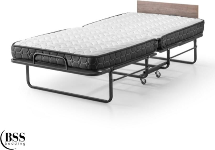 BSS Bedding Ruby Logeerbed met Houten Hoofdsteun Opklapbed Logeerbed 90x200 cm Inkl. 14 cm Matras Opvouwbaar Bed Metalen Bed met Wielen Ruimtebesparend