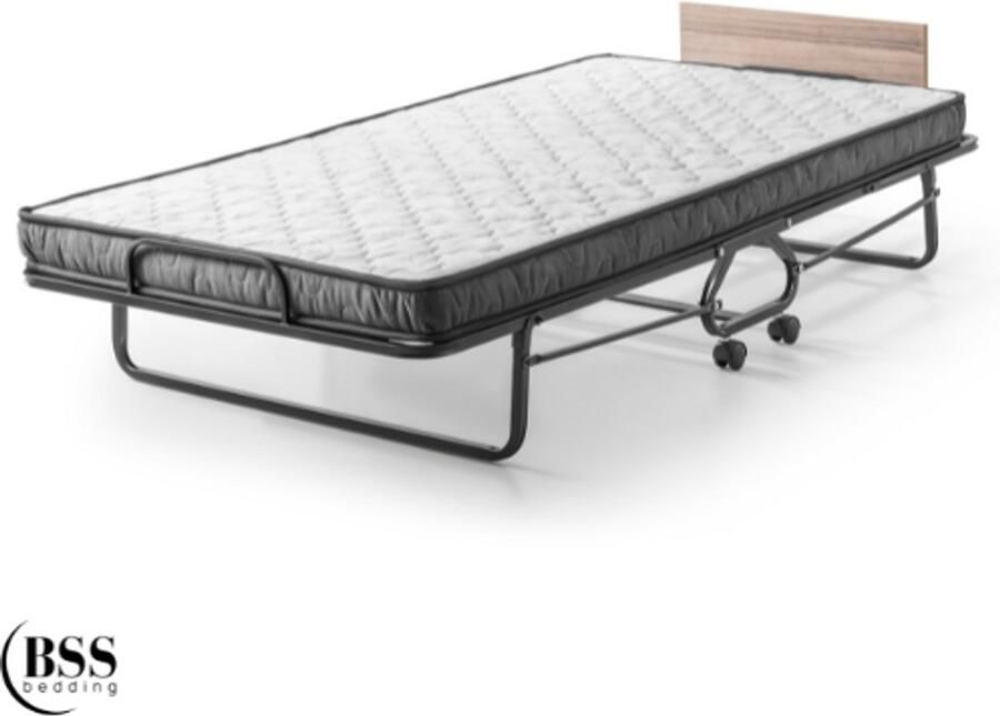 BSS Bedding Sigma Logeerbed met Houten Hoofdsteun Opklapbed Logeerbed Inclusief 10 cm Dik Matras Logeerbed 90x200 cm Reisbed Metalen Bed