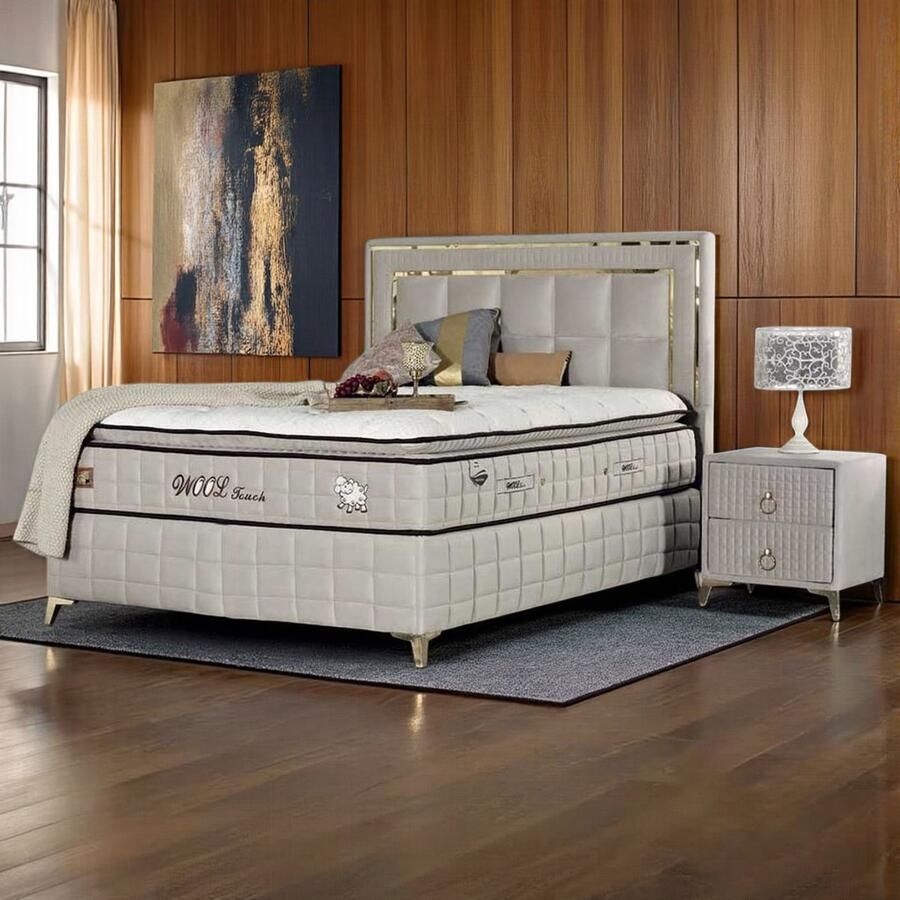 BSS Bedding WoolTouch Boxspring Complete Boxspring 180x200 Kingsize Boxspring Bedden Natuurlijke Schapenwol Luxe Bed Set Slaapkamerbed 1 x Matras met Topper 2 x Bedbox 1 x Hoofdbord