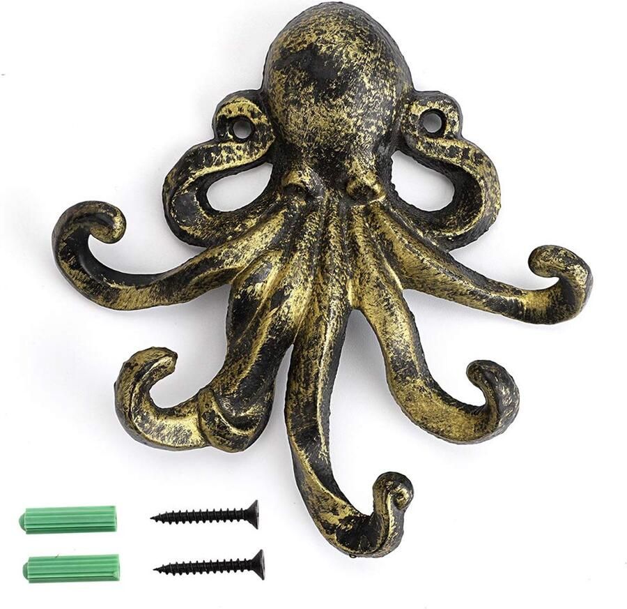 BSTKEY Gietijzeren Octopus 5 Tentakels Decoratieve Wandhaken Rustieke Handdoekhaak Sleutelhaak Kapstok Handdoekhouder (Groen Brons)