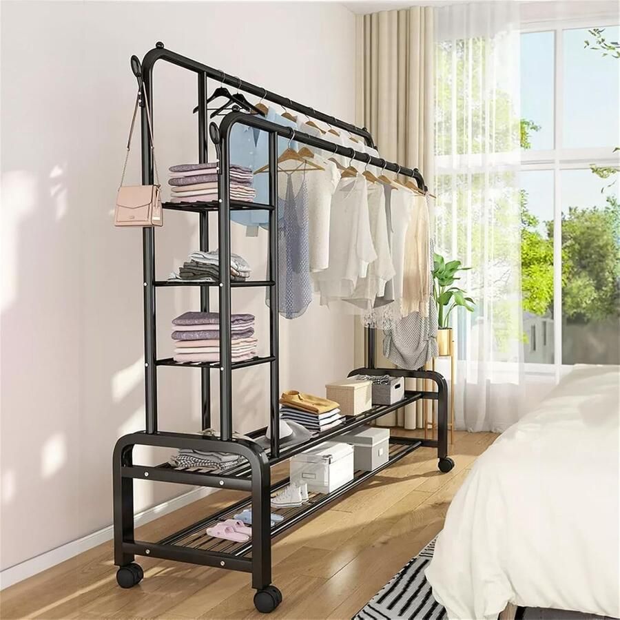 BTGGG Kledingrek met dubbele stang van robuust metaal voor slaapkamer draagbaar met wieltjes zelfstandig kledingrek met 4 haken en opbergplanken