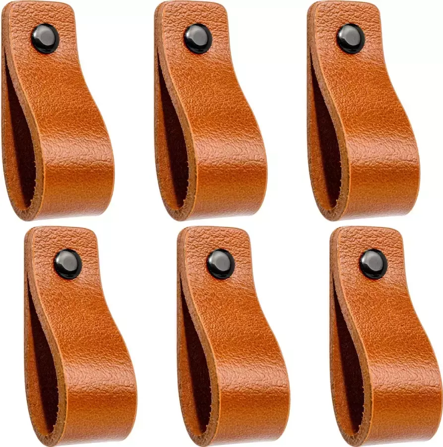 Buffel&Co Buffel & Co Leren Handgrepen – Set van 6 – 100% Leer – Leren Lusjes – Inclusief Sierschroeven goud – Greepjes – Bruin