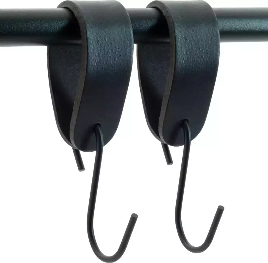 Buffel&Co Leren S-haak Hangers – Ophanghaken Metaal – Handdoekhaakjes – Kapstokhaak – Kledinghaken – Jashaak – 100% Buffelleer – 3mm Dik Metaal – 2 Stuks Zwart