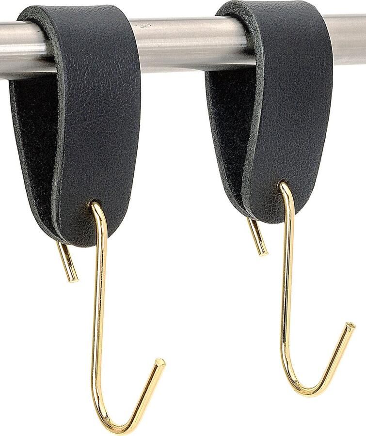 Buffel&Co ophanghaken S- Haak leer Kapstokhaken Handdoekhaakjes Metaal Goud Buffelleer Zwart