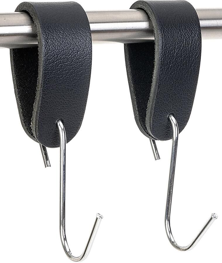 Buffel&Co ophanghaken S haken Handdoekhaken Leren S haak hangers Kapstokhaken Buffelleer Metaal Zwart