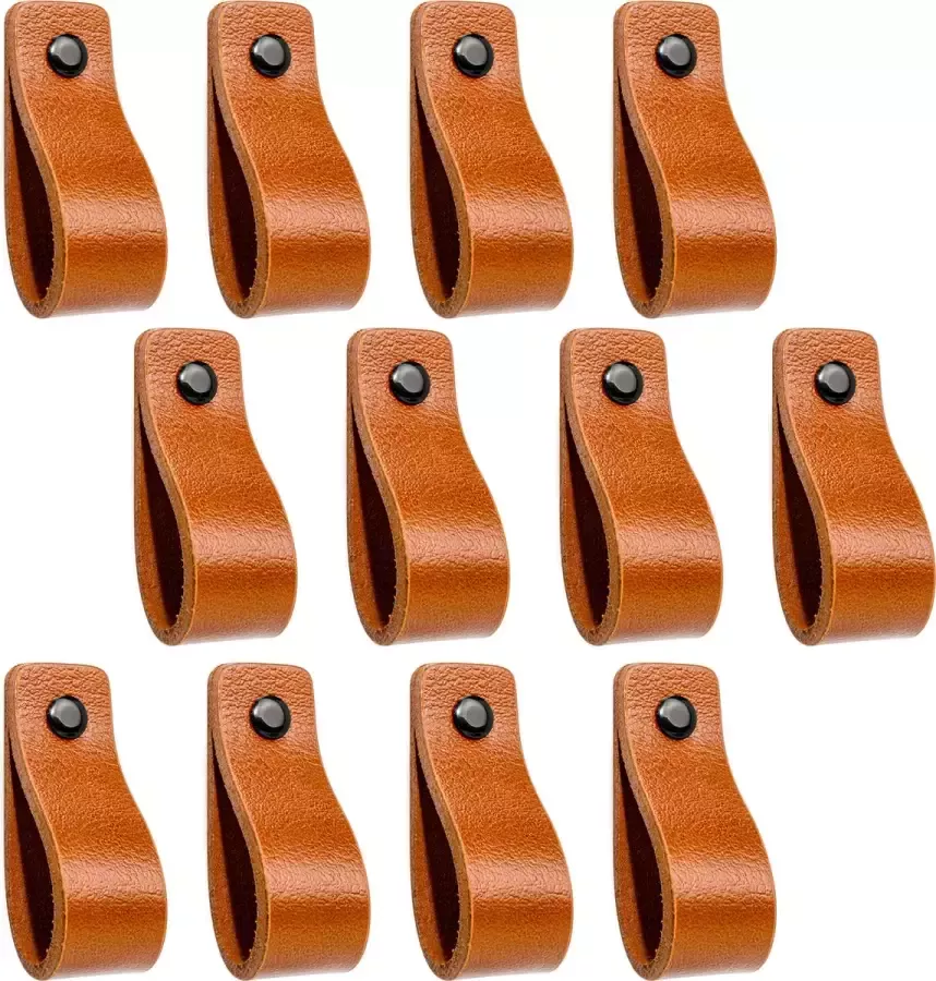 Buffel&Co Leren Handgrepen – Meubelgreep – Handvaten Kast – Keukengreep – Ladegreep – Leren Lus – Incl. sierschroeven zwart Set van 12 – 100% Buffel Leer Cognac