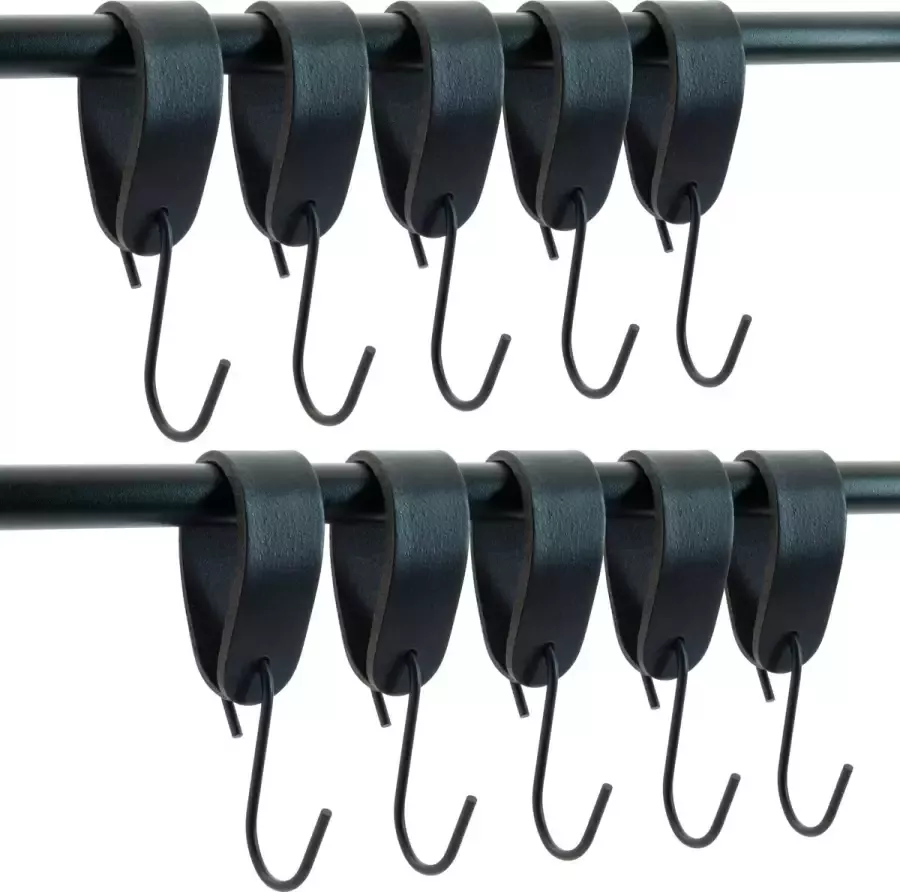 Buffel&Co Leren S-haak Hangers – Ophanghaken Metaal – Handdoekhaakjes – Kapstokhaak – Kledinghaken – Jashaak – 100% Buffelleer – 3mm Dik Metaal – 10 Stuks Zwart
