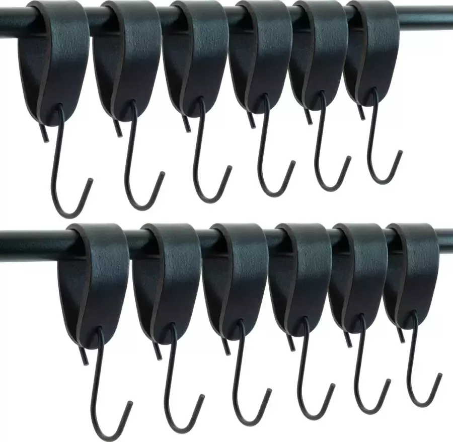 Buffel&Co Leren S-haak Hangers – Ophanghaken Metaal – Handdoekhaakjes – Kapstokhaak – Kledinghaken – Jashaak – 100% Buffelleer – 3mm Dik Metaal – 12 Stuks Zwart