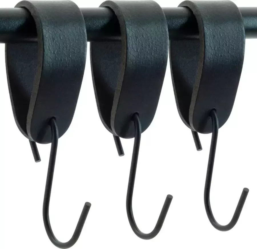 Buffel&Co Leren S-haak Hangers – Ophanghaken Metaal – Handdoekhaakjes – Kapstokhaak – Kledinghaken – Jashaak – 100% Buffelleer – 3mm Dik Metaal – 3 Stuks Zwart