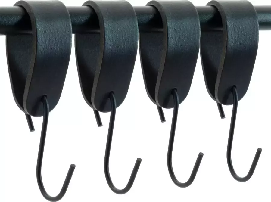 Buffel&Co Leren S-haak Hangers – Ophanghaken Metaal – Handdoekhaakjes – Kapstokhaak – Kledinghaken – Jashaak – 100% Buffelleer – 3mm Dik Metaal – 4 Stuks Zwart - Foto 2