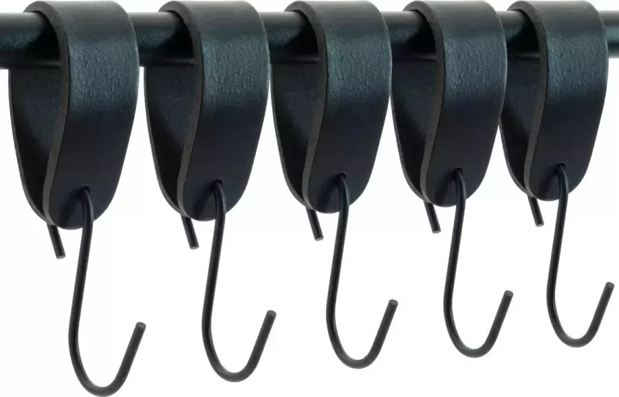 Buffel&Co Leren S-haak Hangers – Ophanghaken Metaal – Handdoekhaakjes – Kapstokhaak – Kledinghaken – Jashaak – 100% Buffelleer – 3mm Dik Metaal – 5 Stuks Zwart
