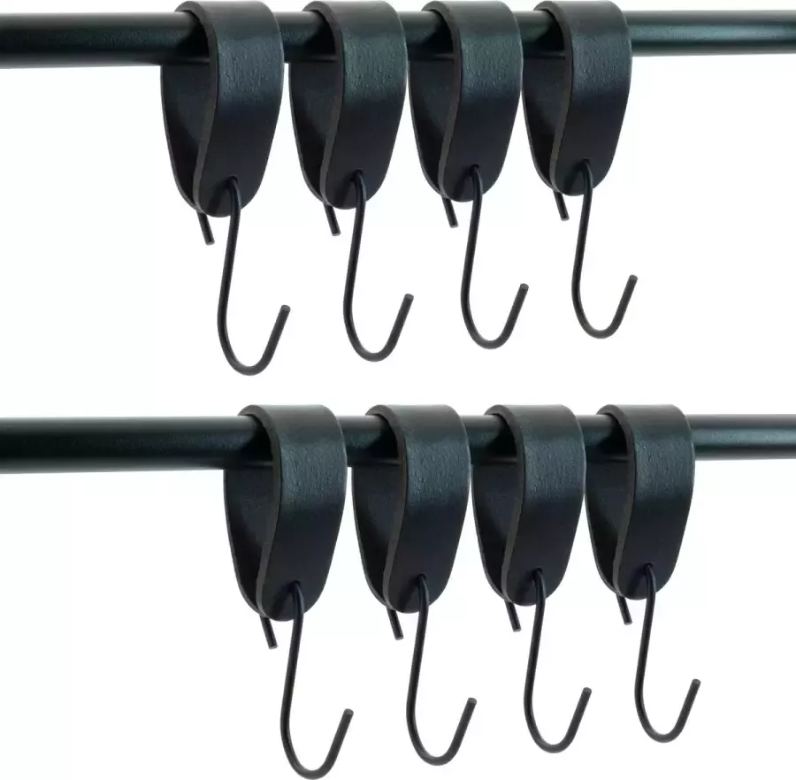 Buffel&Co Leren S-haak Hangers – Ophanghaken Metaal – Handdoekhaakjes – Kapstokhaak – Kledinghaken – Jashaak – 100% Buffelleer – 3mm Dik Metaal – 8 Stuks Zwart - Foto 2