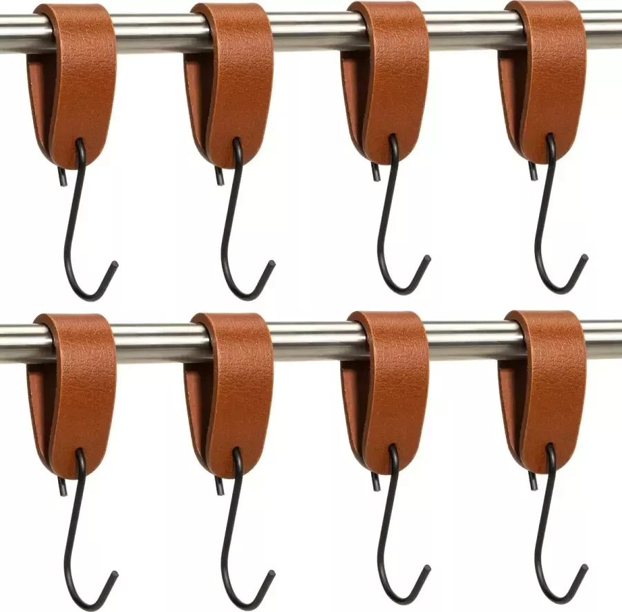 Buffel&Co Ophanghaken Leren S-haak hangers Cognac 8 stuks 15 x 2 5 cm – Handdoekhaakjes – Kapstokhaak