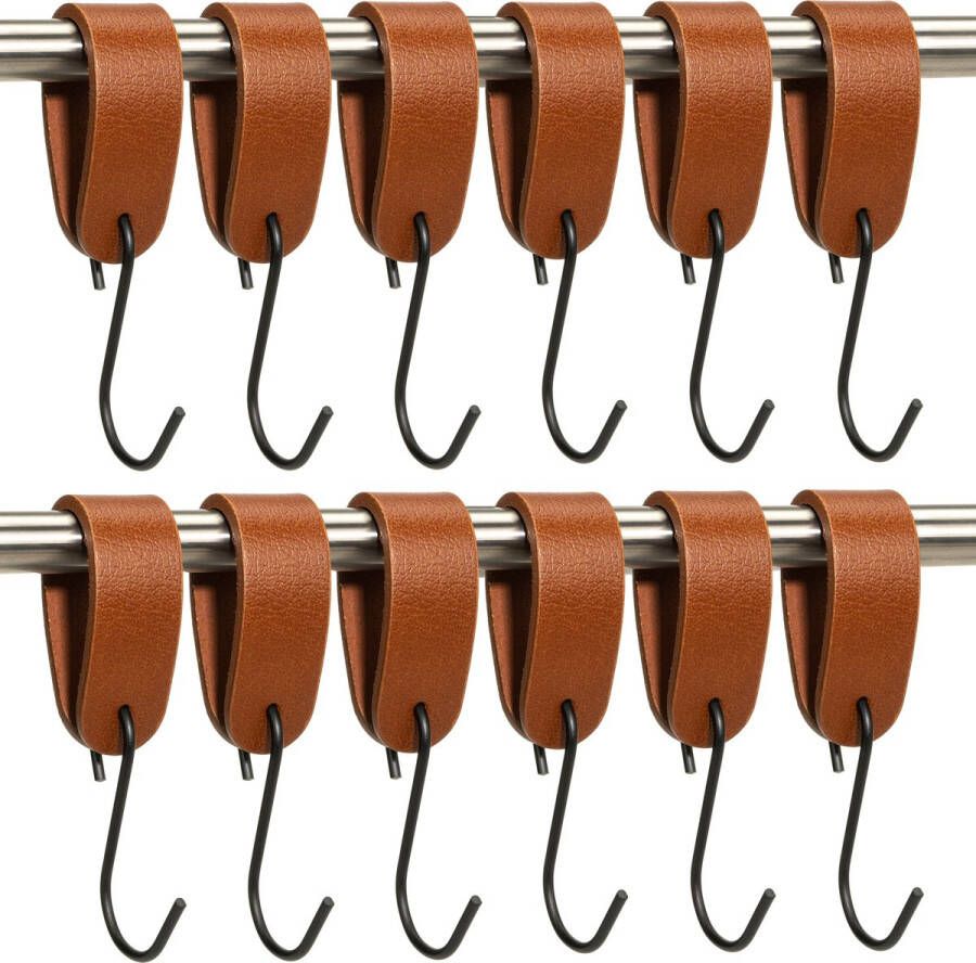 Buffel&Co Ophanghaken Leren S-haak hangers Cognac S haken 12 stuks 15 x 2 5 cm – Handdoekhaakjes – Kapstokhaak