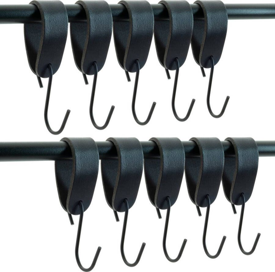 Buffel&Co Ophanghaken Leren S-haak hangers Zwart 10 stuks 15 x 2 5 cm – Handdoekhaakjes – Kapstokhaak