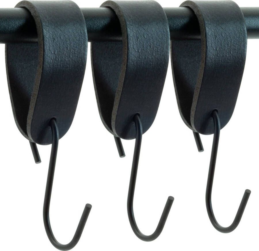 Buffel&Co Ophanghaken- Leren S-haak hangers Zwart 3 stuks 15 x 2 5 cm – Handdoekhaakjes – Kapstokhaak