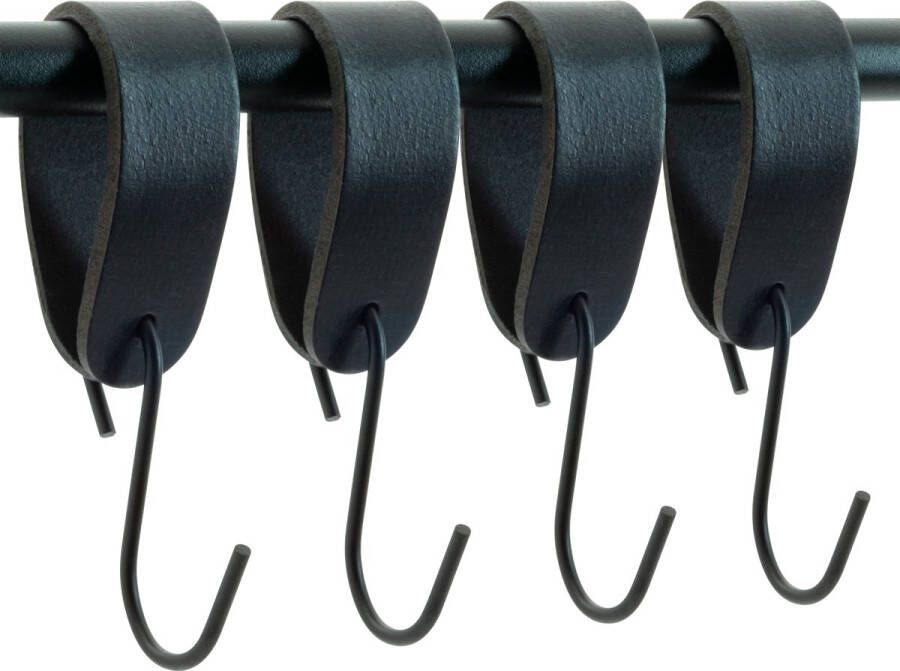 Buffel&Co Ophanghaken Leren S-haak hangers Zwart 4 stuks 15 x 2 5 cm – Handdoekhaakjes – Kapstokhaak