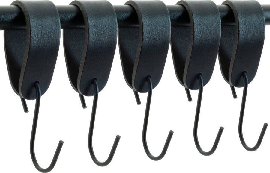 Buffel&Co Ophanghaken Leren S-haak hangers Zwart 5 stuks 15 x 2 5 cm – Handdoekhaakjes – Kapstokhaak