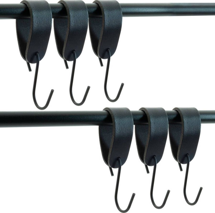 Buffel&Co Ophanghaken Leren S-haak hangers Zwart 6 stuks 15 x 2 5 cm – Handdoekhaakjes – Kapstokhaak