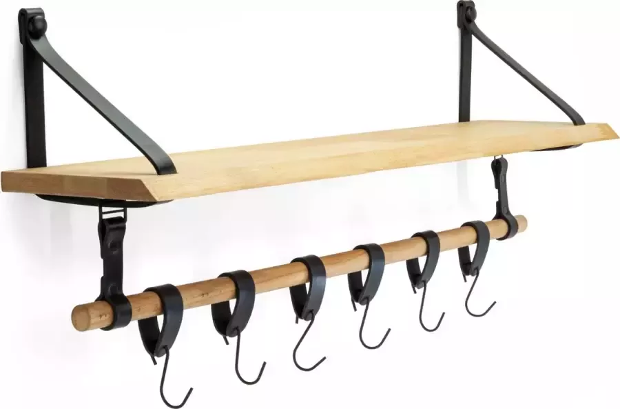 Buffel&Co Luxe Wandrek – Wandplank met Leren Bevestiging – Wanddecoratie – Kruidenrek – Keukenrek ophangbaar voor keukengerei incl. hangers – 100% Leer – Massief hout