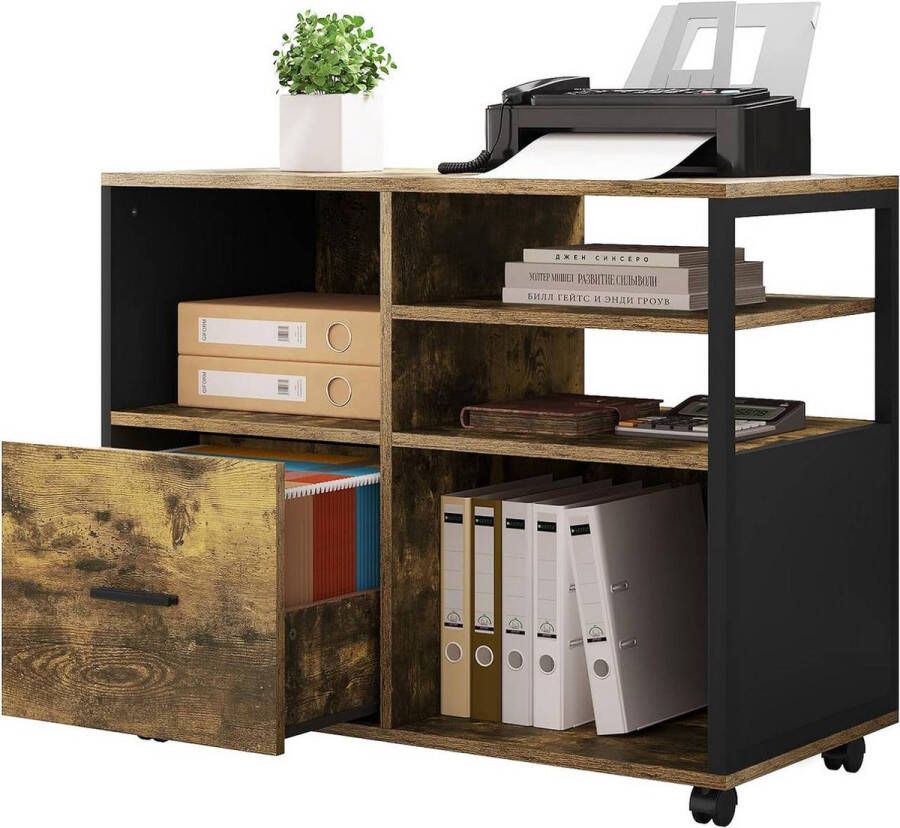 BukkitBow Archiefkast Printerkast op wieltjes Kantoorkast met Industriele Look met zwart Metalen Frame Vintage Bruin Hout